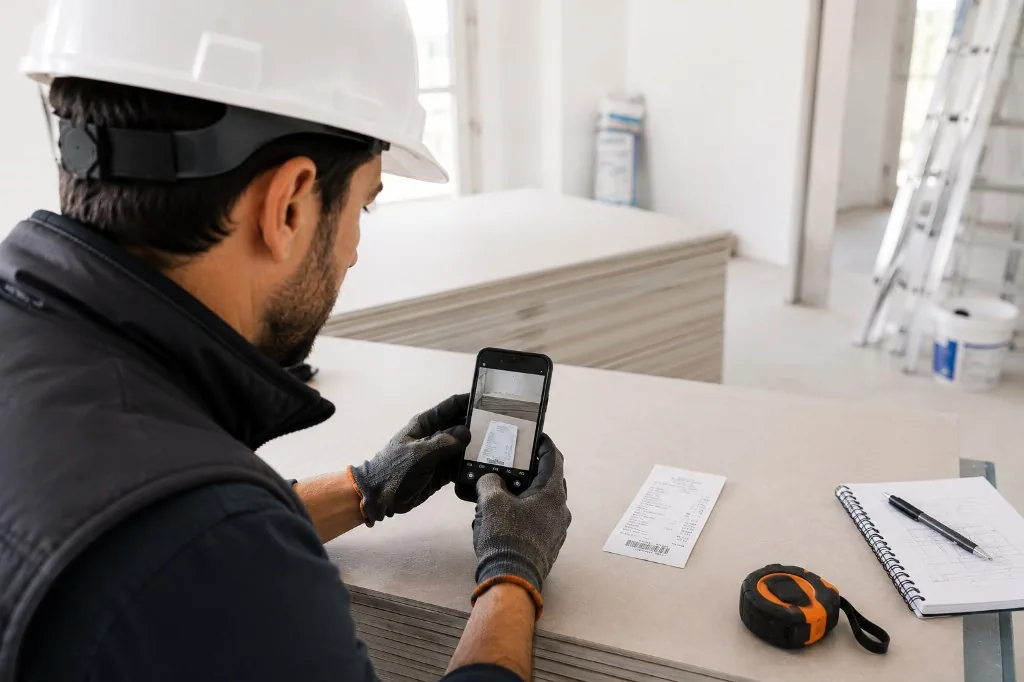 Operario de construcción escaneando un ticket de obra con la app KAPATAZ en el tajo